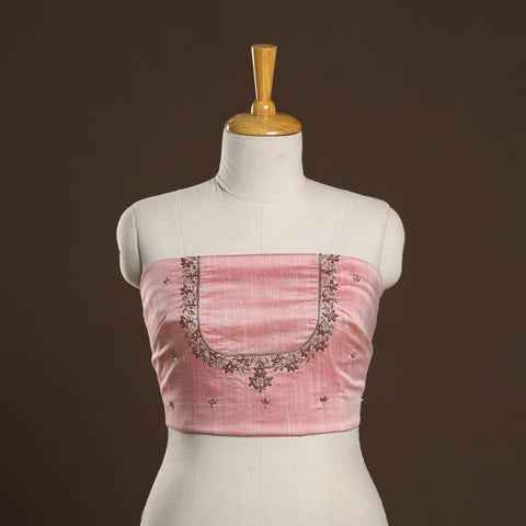 Pink - zardozi hand embroidery slub silk plain blouse piece