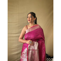 Khicha Checks Pink Litchi Silk Handwork Saree