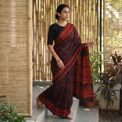 Red Pipad Hand Block Printed Cotton Saree, draped and worn by a woman, AI visual of the saree, iTokri