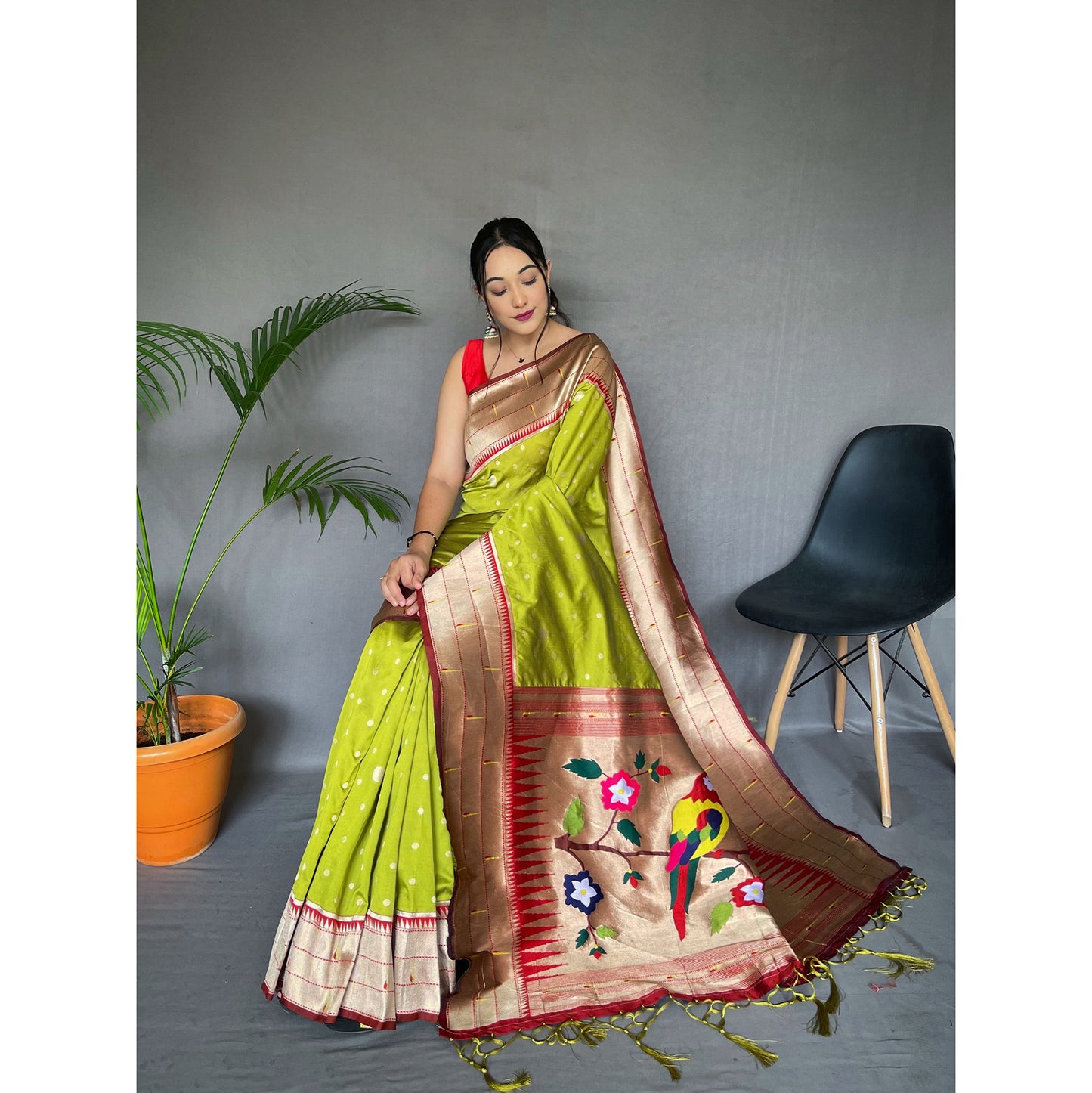 Green - Polka Paithani Pista Paithani Silk Handwork Saree