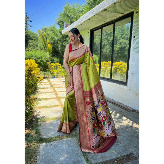 Green - Gauri Pista Paithani Silk Handwork Saree