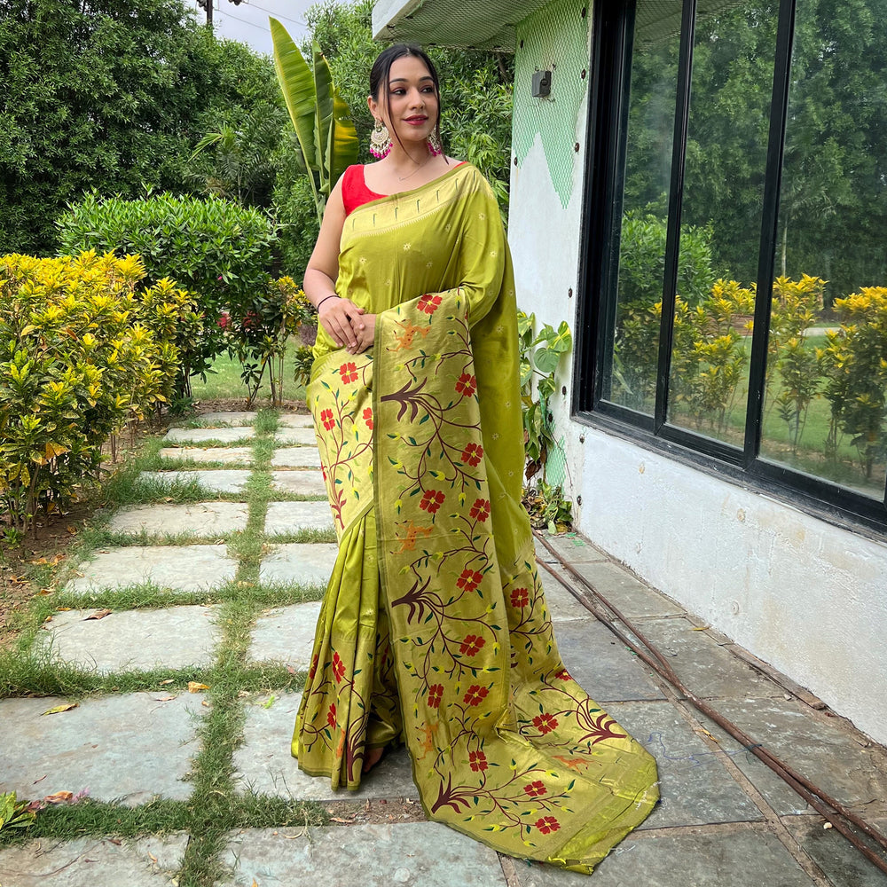 Green - Gayatri Pista Paithani Silk Handwork Saree