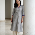 Grey Plain Art Silk Check Facing Kurta, worn by a woman for office wear, also festive, daily wear, AI visual of the kurta, iTokri