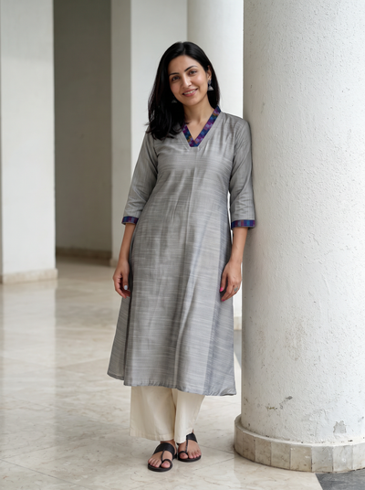 Grey Plain Art Silk Check Facing Kurta, worn by a woman for office wear, also festive, daily wear, AI visual of the kurta, iTokri