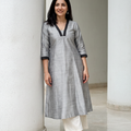 Grey Plain Art Silk Dotted V Neck Kurta, worn by a woman for office wear, also festive, daily wear, AI visual of the kurta, iTokri
