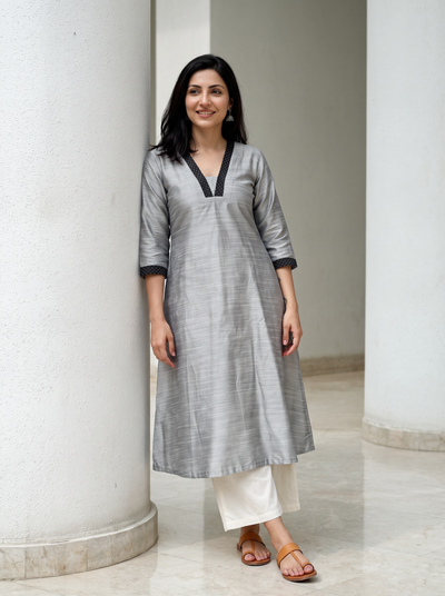 Grey Plain Art Silk Dotted V Neck Kurta, worn by a woman for office wear, also festive, daily wear, AI visual of the kurta, iTokri