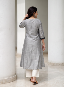 Grey Plain Art Silk Dotted V Neck Kurta, back view, A-line, calf length, deep V, dotted edge, AI visual of the kurta, iTokri