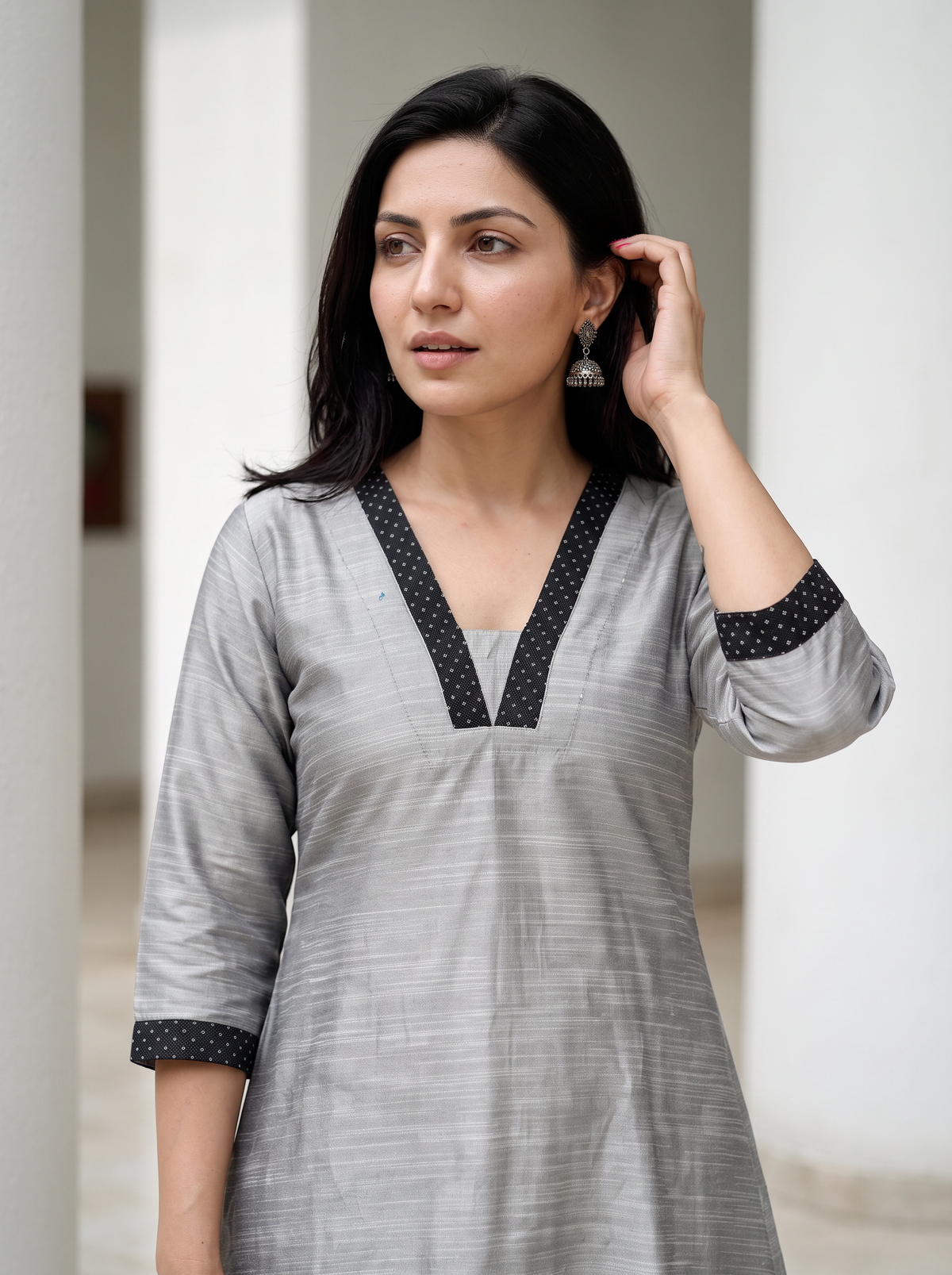 Grey Plain Art Silk Dotted V Neck Kurta, front view, silver grey art silk, soft sheen, slubs, AI visual of the kurta, iTokri