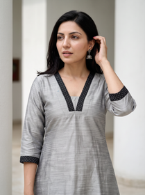 Grey Plain Art Silk Dotted V Neck Kurta, front view, silver grey art silk, soft sheen, slubs, AI visual of the kurta, iTokri
