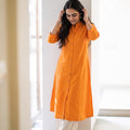 Bright Orange Plain Art Silk Full Button Placket Kurta, worn by a woman for festive wear, also office, daily wear, AI visual of the kurta, iTokri