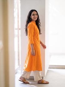 Bright Orange Plain Art Silk Full Button Placket Kurta, side view, A-line, mid-calf, band collar, keyhole, AI visual of the kurta, iTokri