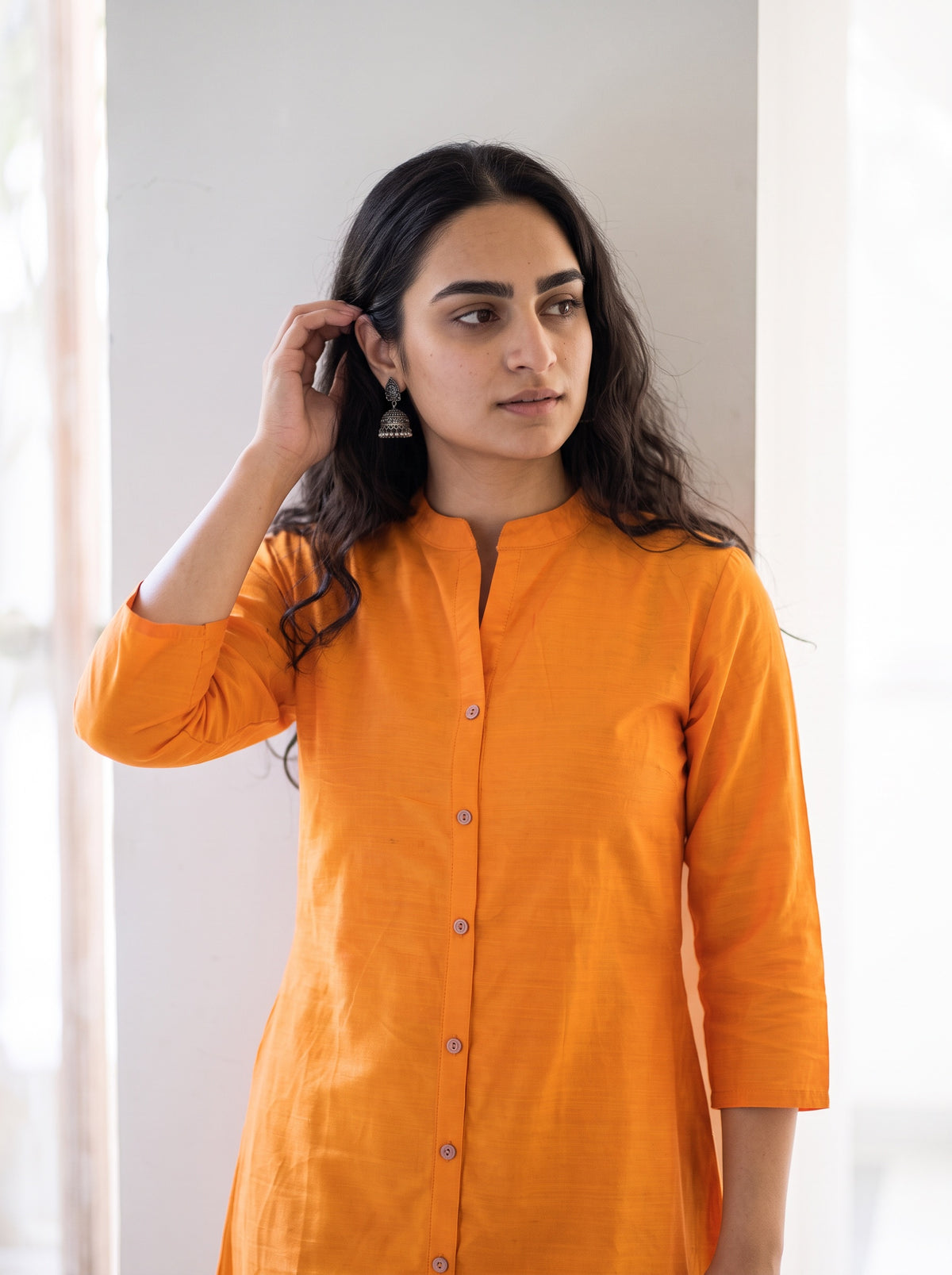 Bright Orange Plain Art Silk Full Button Placket Kurta, front view, bright orange art silk, sheen, fine slub, AI visual of the kurta, iTokri