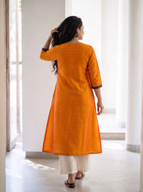 Orange Plain Art Silk Patterned Neck Band Kurta, back view, A-line, calf length, notched round neck, AI visual of the kurta, iTokri