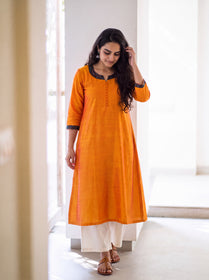 Orange Plain Art Silk Patterned Neck Band Kurta, worn by a woman for festive wear, also casual, daily wear, AI visual of the kurta, iTokri