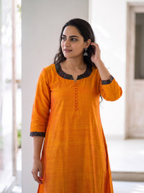 Orange Plain Art Silk Patterned Neck Band Kurta, front view, orange slub art silk, patterned neck band, AI visual of the kurta, iTokri