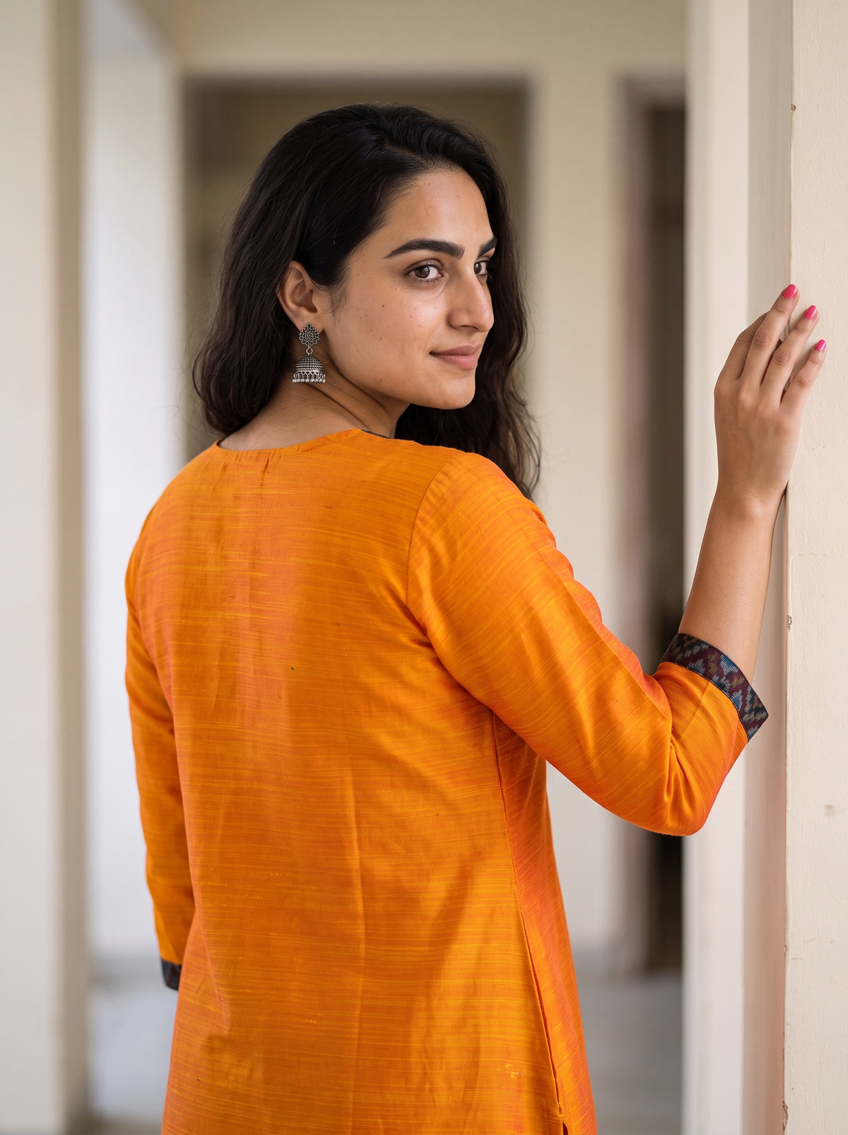 Orange Plain Art Silk Patterned Neck Band Kurta, over the shoulder view, orange slub art silk, patterned neck band, AI visual of the kurta, iTokri