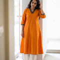 Orange Plain Art Silk Sequin Trim Kurta, worn by a woman for festive wear, also office wear, AI visual of the kurta, iTokri