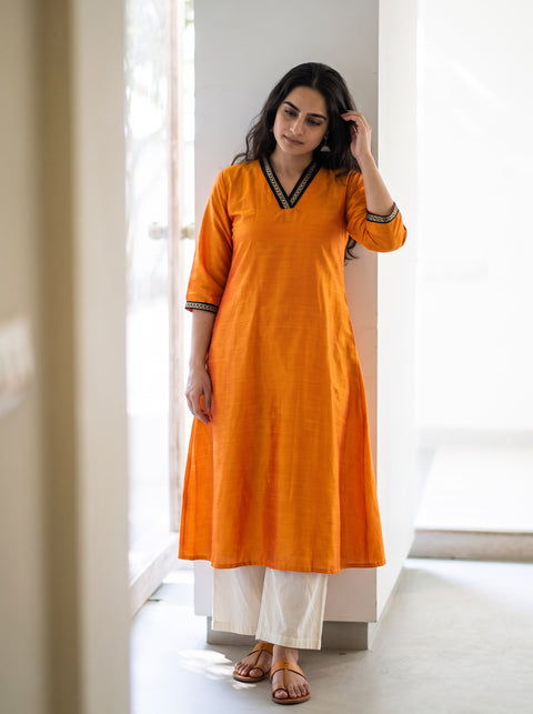Orange Plain Art Silk Sequin Trim Kurta, worn by a woman for festive wear, also office wear, AI visual of the kurta, iTokri