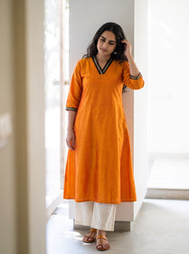 Orange Plain Art Silk Sequin Trim Kurta, worn by a woman for festive wear, also office wear, AI visual of the kurta, iTokri