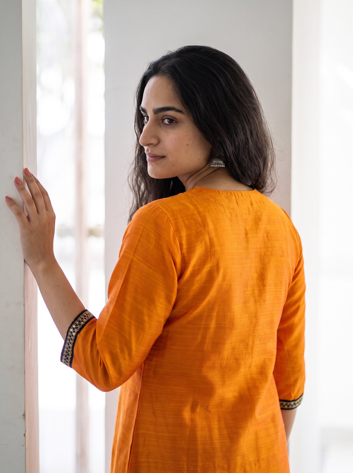 Orange Plain Art Silk Sequin Trim Kurta, over the shoulder view, bright orange slub art silk, plain, soft sheen, AI visual of the kurta, iTokri
