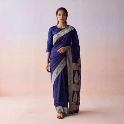 Blue Plain Banarasi Pure Handwoven Georgette Meena Buti Zari Jaal Work Saree, draped and worn by a woman, AI visual of the saree, iTokri