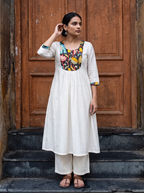 White Plain Cotton Lotus Yoke Kurta, worn by a woman for casual wear, also daily wear, AI visual of the kurta, iTokri