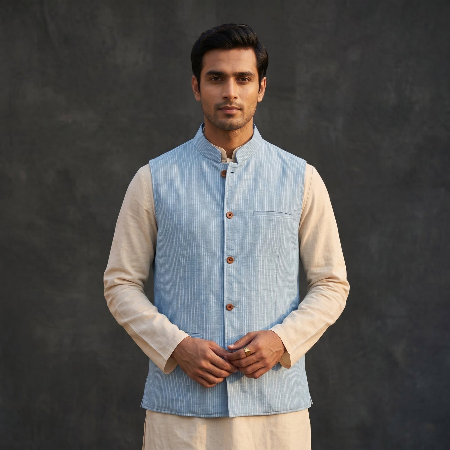 Plain cotton mandarin collar nehru jacket for men 02