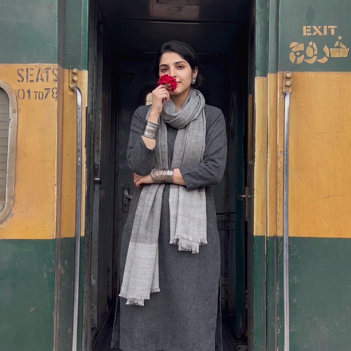 Grey Plain Diamond Weave Fine Wool Stole, worn by a woman, AI visual of the stole, iTokri