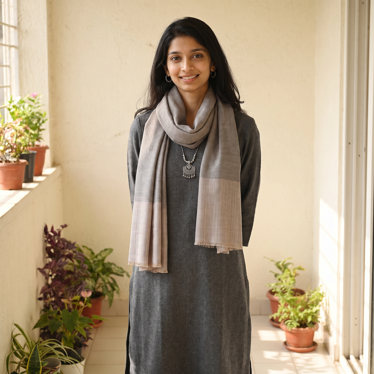 Brown Plain Diamond Weave Fine Wool Stole, worn by a woman, AI visual of the stole, iTokri