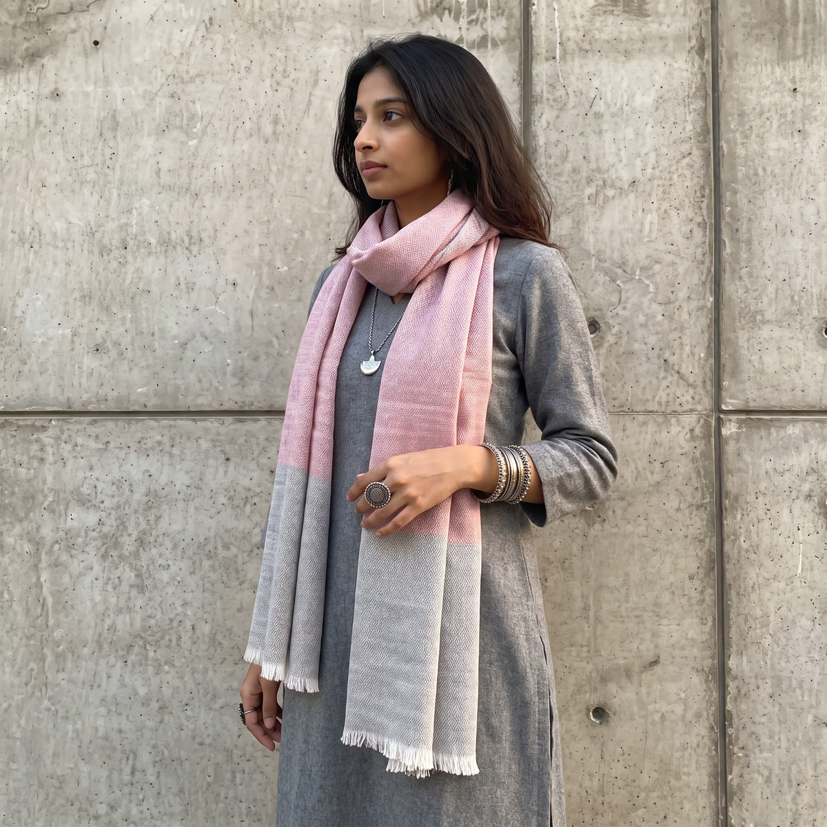 Pink Plain Diamond Weave Fine Wool Stole, worn by a woman, AI visual of the stole, iTokri