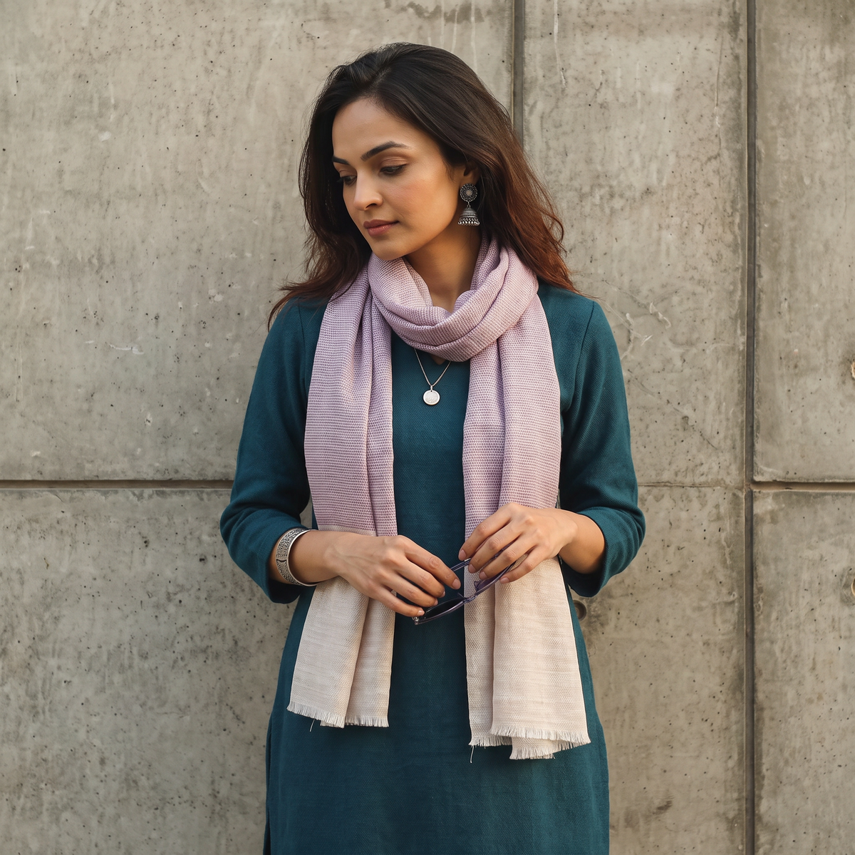 Purple Plain Diamond Weave Fine Wool Stole, worn by a woman, AI visual of the stole, iTokri