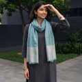 Blue Plain Diamond Weave Fine Wool Zari Border Stole, worn by a woman, AI visual of the stole, iTokri