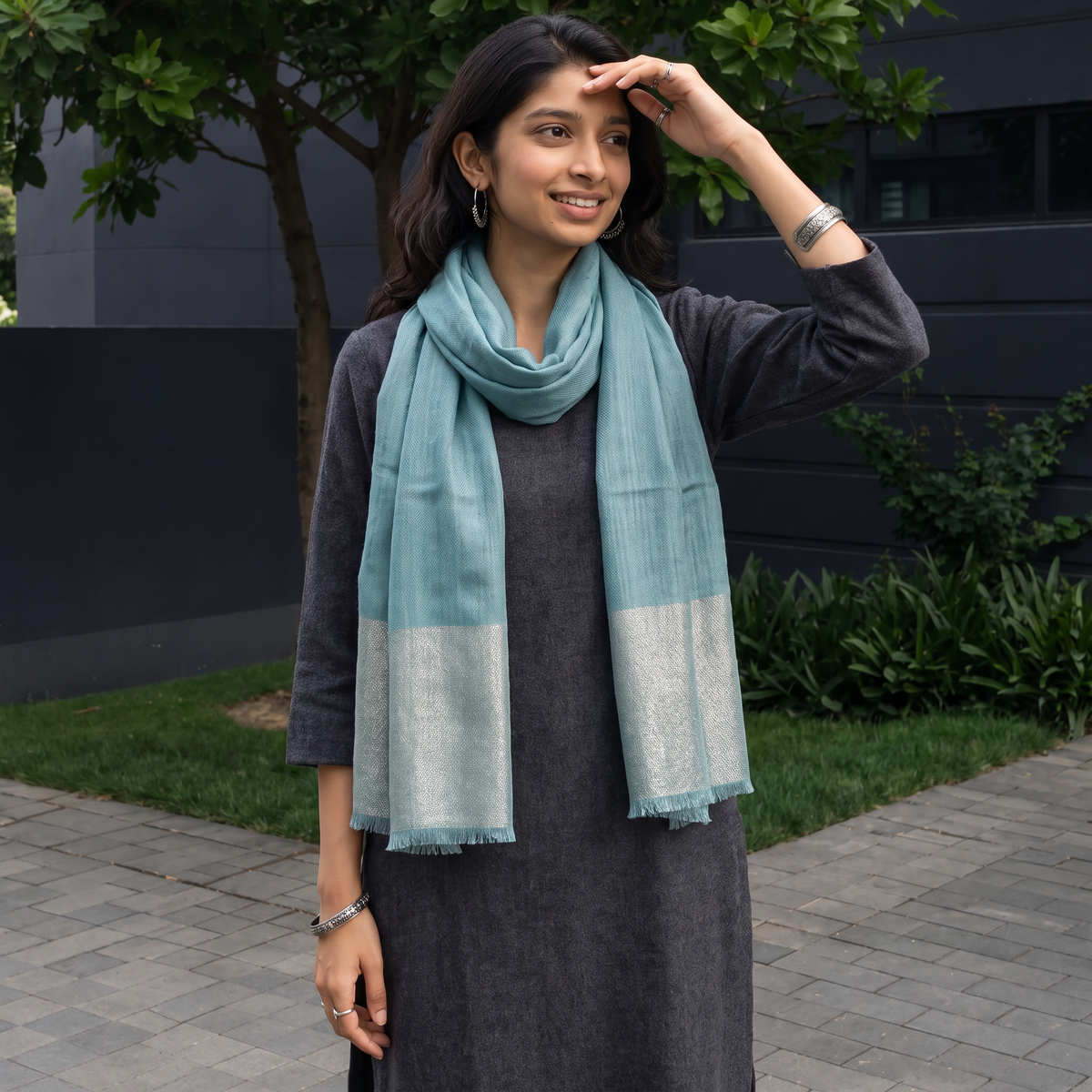 Blue Plain Diamond Weave Fine Wool Zari Border Stole, worn by a woman, AI visual of the stole, iTokri