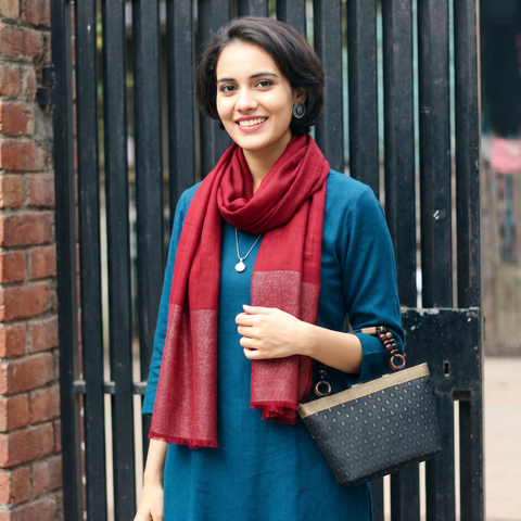 Red Plain Diamond Weave Fine Wool Zari Border Stole, worn by a woman, AI visual of the stole, iTokri