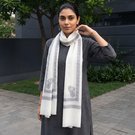 White Plain Fine Wool Stole with Woven Border, worn by a woman, AI visual of the stole, iTokri