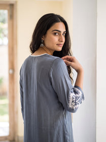 Grey Plain Modal Silk Embroidered Yoke Kurta, over the shoulder view, slate grey modal silk, white embroidery, AI visual of the kurta, iTokri