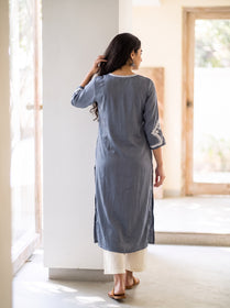 Grey Plain Modal Silk Embroidered Yoke Kurta, back view, straight, calf length, V neck, white panel, AI visual of the kurta, iTokri