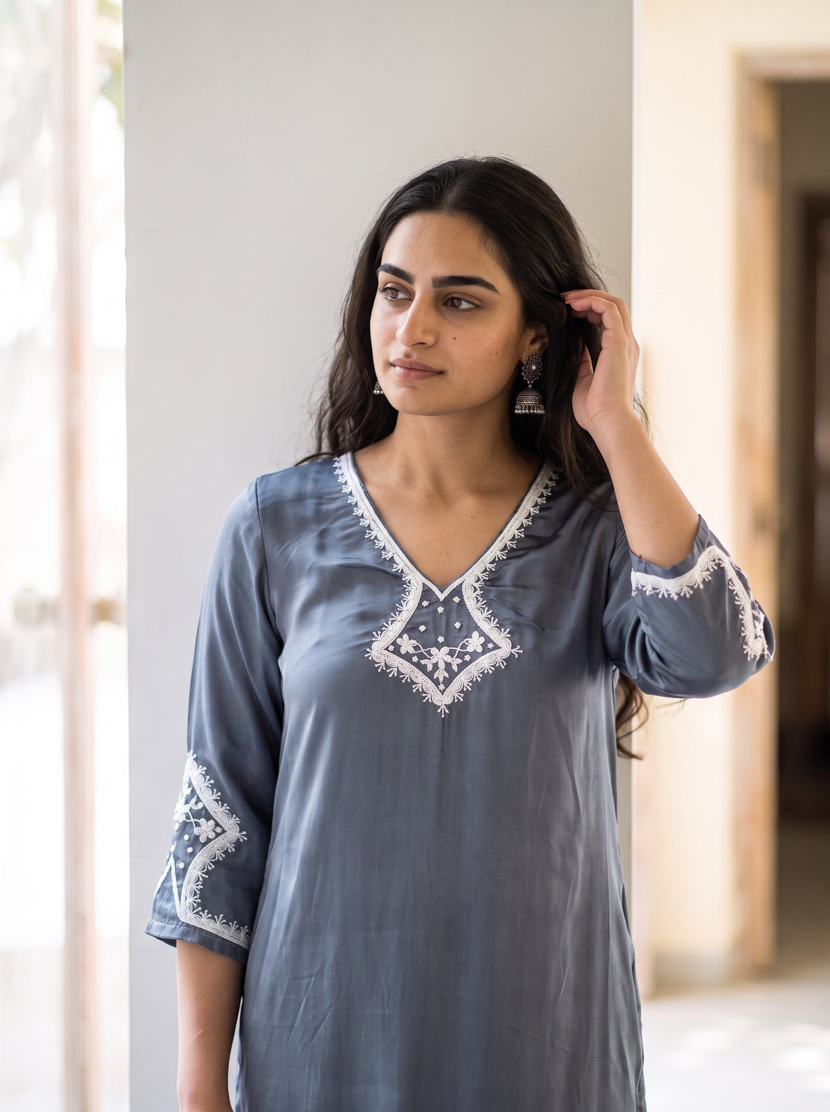 Grey Plain Modal Silk Embroidered Yoke Kurta, front view, slate grey modal silk, white embroidery, AI visual of the kurta, iTokri