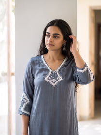 Grey Plain Modal Silk Embroidered Yoke Kurta, front view, slate grey modal silk, white embroidery, AI visual of the kurta, iTokri