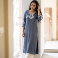 Grey Plain Modal Silk Embroidered Yoke Kurta, worn by a woman for festive wear, also evening, office wear, AI visual of the kurta, iTokri
