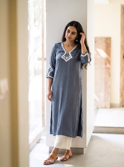 Grey Plain Modal Silk Embroidered Yoke Kurta, worn by a woman for festive wear, also evening, office wear, AI visual of the kurta, iTokri