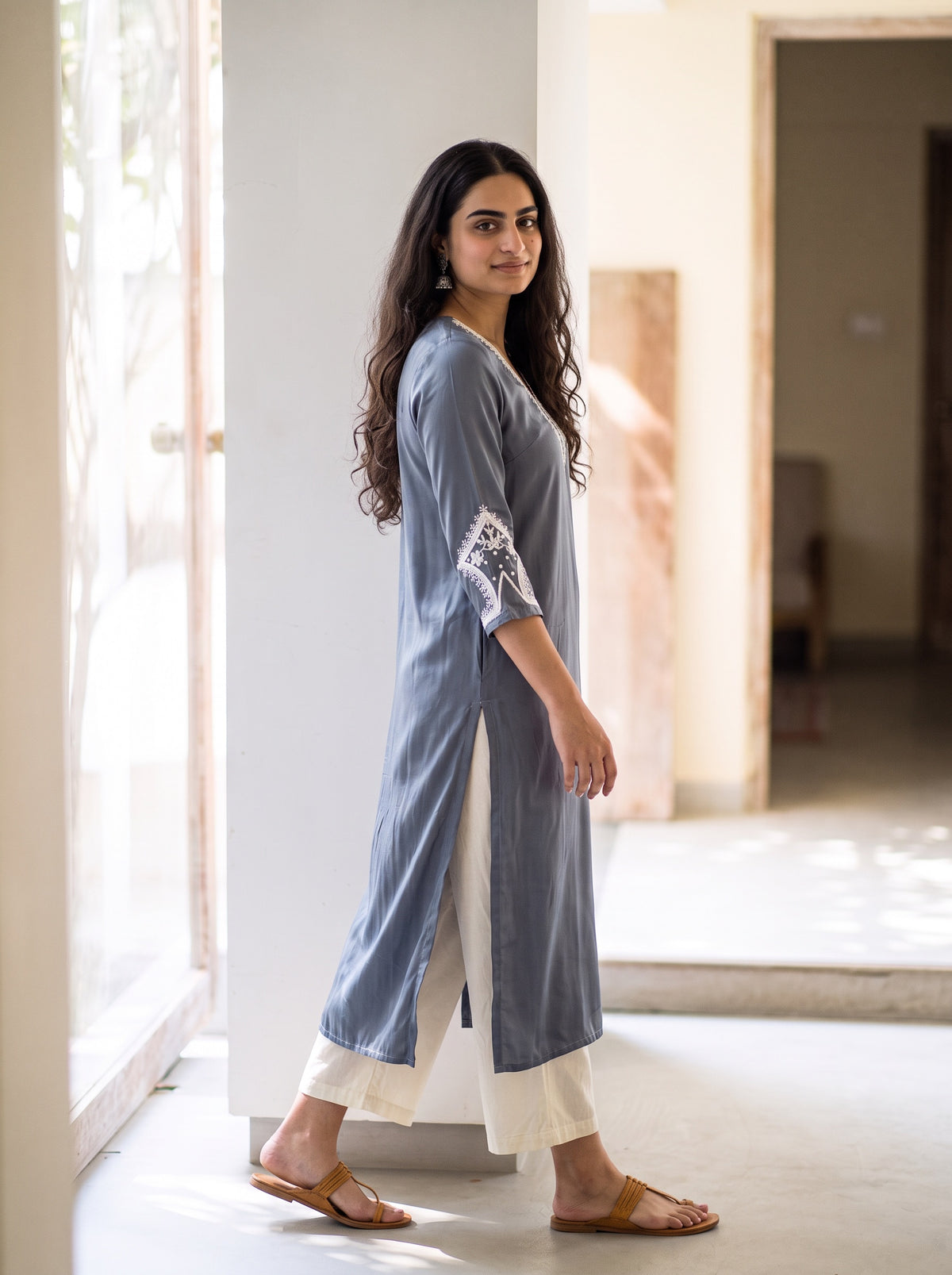 Grey Plain Modal Silk Embroidered Yoke Kurta, side view, straight, calf length, V neck, white panel, AI visual of the kurta, iTokri