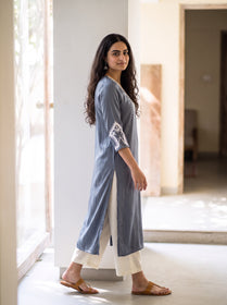 Grey Plain Modal Silk Embroidered Yoke Kurta, side view, straight, calf length, V neck, white panel, AI visual of the kurta, iTokri