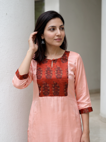 Peach Plain Modal Silk Rust Yoke Kurta, front view, peach modal silk, sheen, rust leaf yoke, AI visual of the kurta, iTokri