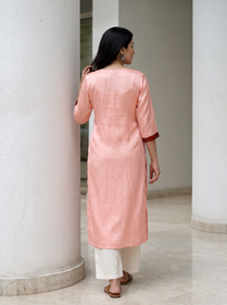 Peach Plain Modal Silk Rust Yoke Kurta, back view, straight, calf length, keyhole round neck, AI visual of the kurta, iTokri
