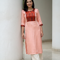 Peach Plain Modal Silk Rust Yoke Kurta, worn by a woman for office wear, also festive, casual wear, AI visual of the kurta, iTokri