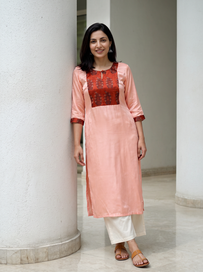 Peach Plain Modal Silk Rust Yoke Kurta, worn by a woman for office wear, also festive, casual wear, AI visual of the kurta, iTokri