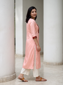 Peach Plain Modal Silk Rust Yoke Kurta, side view, straight, calf length, keyhole round neck, AI visual of the kurta, iTokri