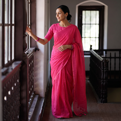 Pink Plain Pure Mul Cotton Ready To Wear Saree, draped and worn by a woman, AI visual of the saree, iTokri