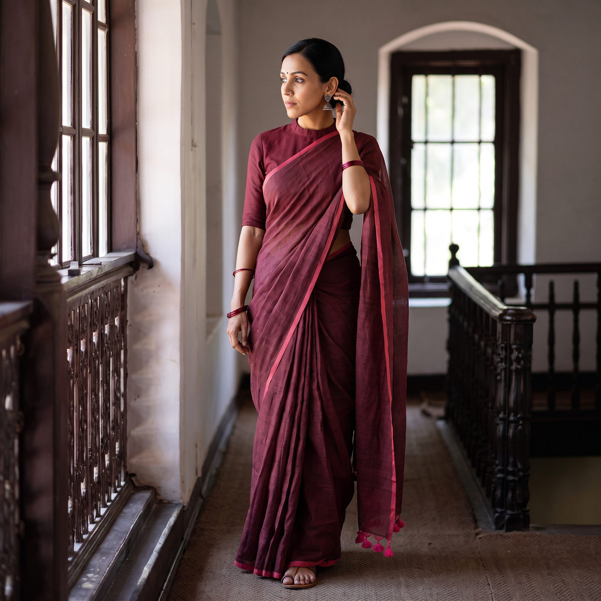 Purple Plain Pure Mul Cotton Ready To Wear Saree, draped and worn by a woman, AI visual of the saree, iTokri